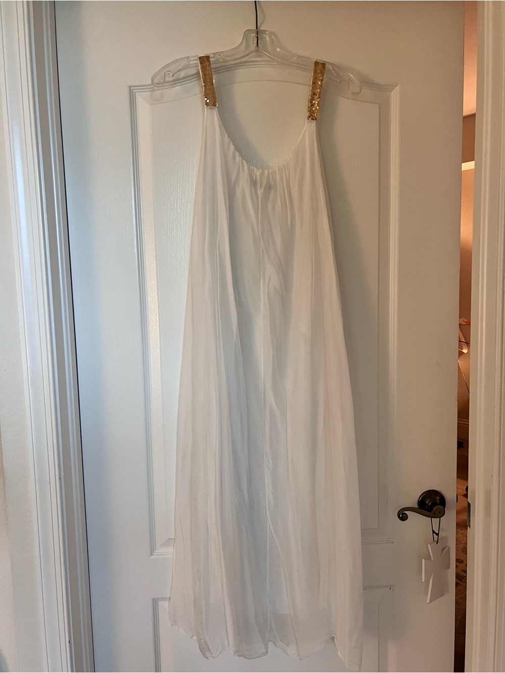 White Chiffon Maxi Dress with Gold Sequin Straps